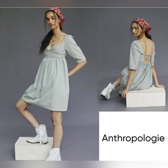 ANTHROPOLOGIE RUCHED PUFF-SLEEVE BABYDOLL MINI COTTON DRESS 2X - Picture 2 of 14
